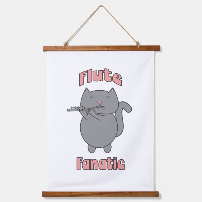 Flute Fanatic Gray Cat Pink Wandteppich Mit Holzrahmen (Vorderseite)
