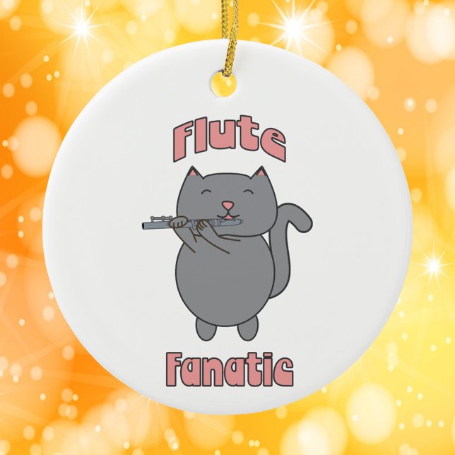 Flute Fanatic Musical Gray Cat Pink Keramik Ornament (An ornament featuring a gray cat playing the flute and the words flute fanatic in pink.)
