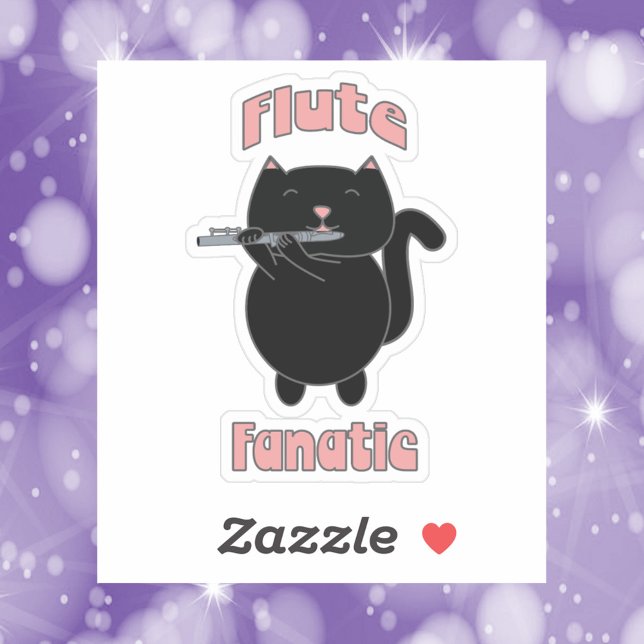 Flute Fanatic Pink Black Cat Niedlich Aufkleber (A sticker of a black flute playing cat with the words Flute Fanatic.)