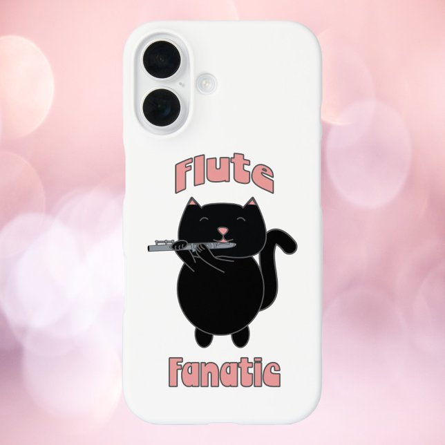 Flute Fanatic Pink Black Cat Niedlich iPhone 16 Hülle (A cell phone case with the words Flute Fanatic and a black kitty cat playing the flute.)