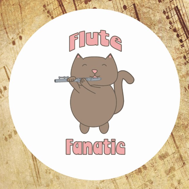 Flute Fanatic Pink Cat Runder Aufkleber (A sticker of a brown cat playing the flute along with the words flute fanatic)