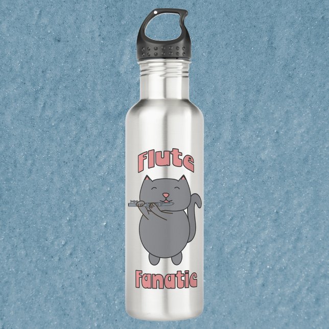 Flute Fanatic Pink Gray Cat Edelstahlflasche (A water bottle with a gray cat playing the flute with the words flute fanatic.)