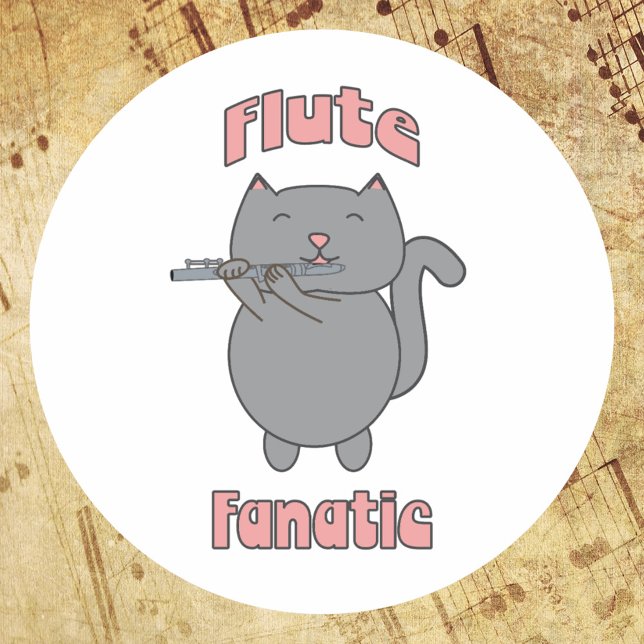 Flute Fanatic Pink Gray Cat Runder Aufkleber (A sticker featuring a gray cat playing the flute & the words flute fanatic in pink.)