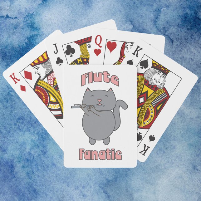Flute Fanatic Pink Gray Cat Spielkarten (A deck of playing cards that has a gray cat playing the flute with the words flute fanatic.)