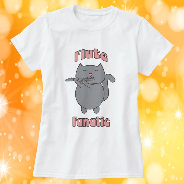 Flute Fantaic Gray Cat Pink T-Shirt (A tshirt with a gray cat playing the flute and the words "Flute Fanatic" in pink.)