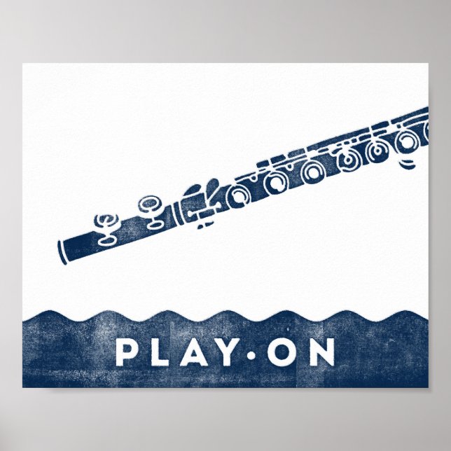 Flute Musik Poster Blaues weißes Stück Kunstdrucke (Vorne)