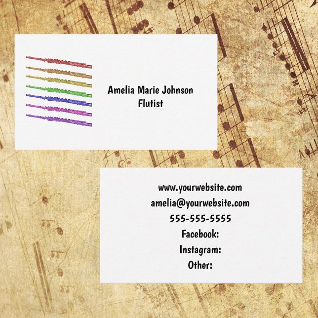 Flute Rainbow Personalisieren Visitenkarte (A business card with a colorful flute design and text you can personalize!)