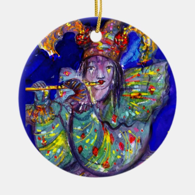 FLUTIST IN BLAU / Venezianische Karnevalsnacht Keramikornament (Vorne)