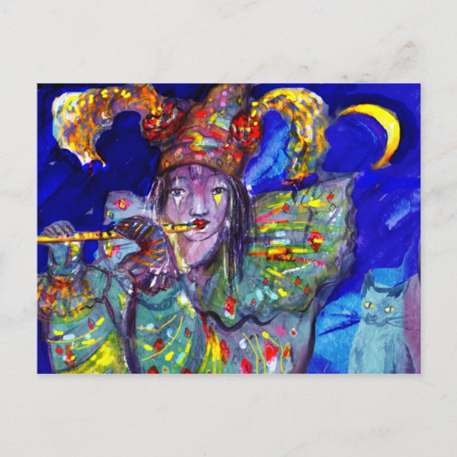 FLUTIST IN BLAU / Venezianische Karnevalsnacht Postkarte (Vorderseite)