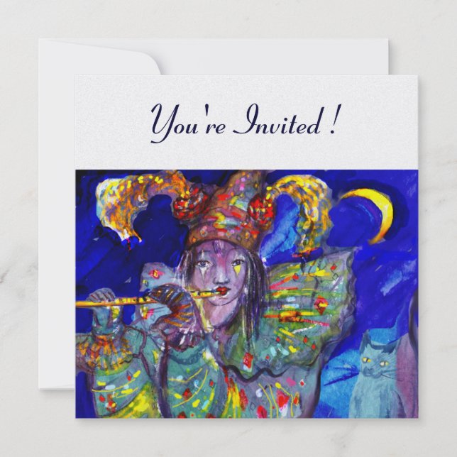 FLUTIST IN BLAUE Venezianischer Karneval Perle Ein Einladung (Vorderseite)