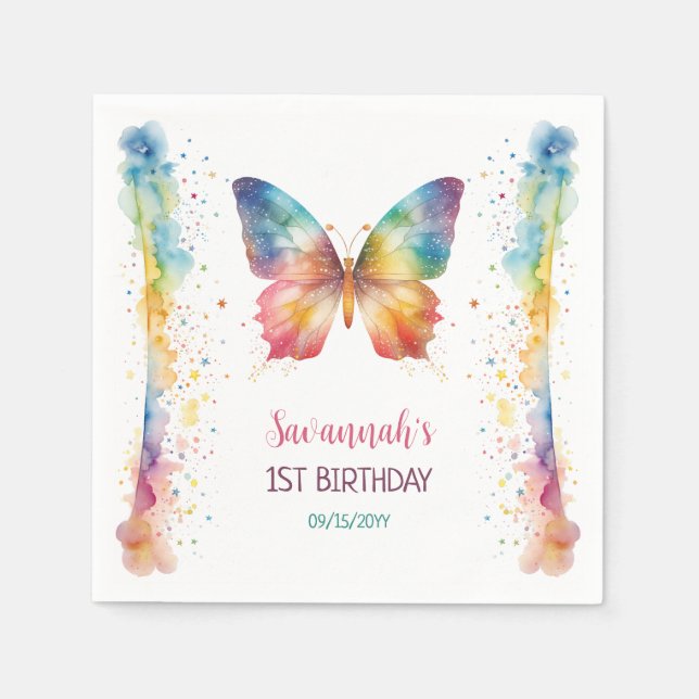 Flutter On Over Rainbow Butterfly 1st Birthday Serviette (Vorderseite)