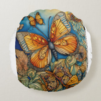 "Fluttering Elegance: Roter und Gelber Schmetterli Rundes Kissen