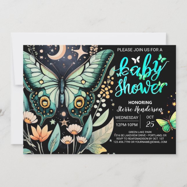 Fluttering Green Butterfly Baby Shower Einladung (Vorderseite)