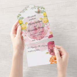Flutterromane: Aquarellfarbene Rose & Schmetterlin All In One Einladung