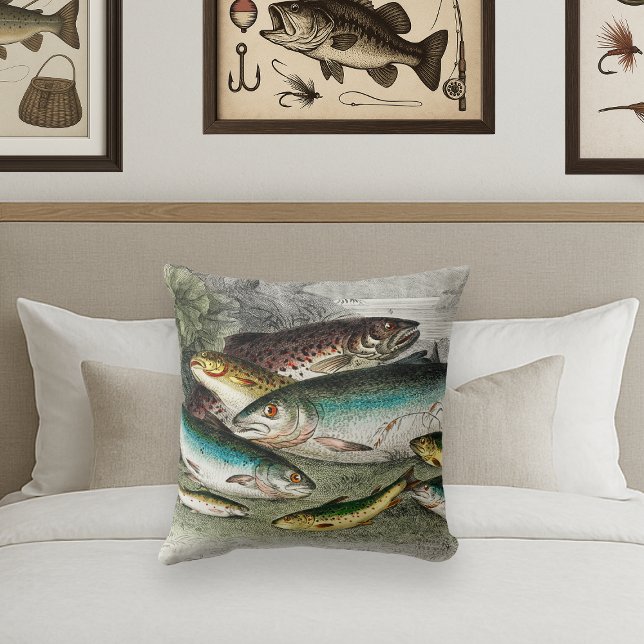 Fly Fisherman's Vintage Fischereiforelle Aquarell Kissen (Von Creator hochgeladen)