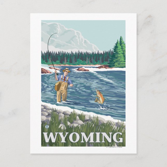 Fly FishermanWyomingVintage Travel Poster Postkarte (Vorderseite)