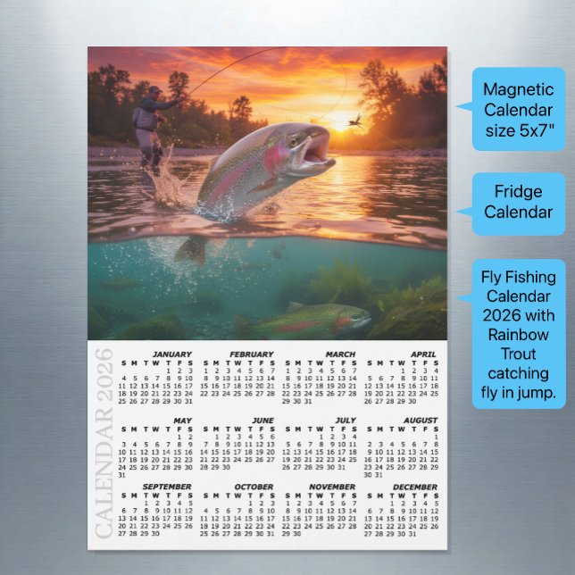 Fly Fishing 2026 Fridge Calendar, Trout / Fish Magnetkarte (Fly Fishing Calendar 2026 / Rainbow Trout / Magnetic Fridge)