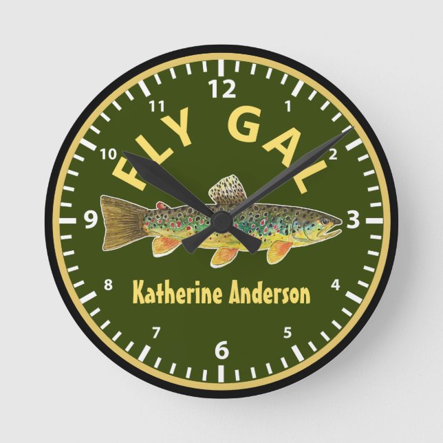 Fly Fishing Brown Foreut FLY GAL Custom Angler Runde Wanduhr (Vorderseite)