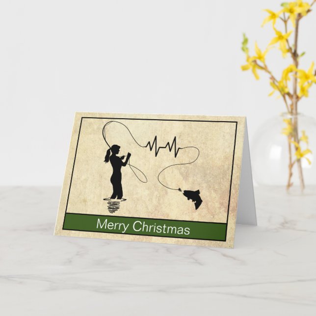 Fly Fishing Hearbeat Femme Joyeuse carte de Noël (Fleur jaune)