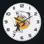 Fly Fishing Trout Sunset Silhouette Große Wanduhr<br><div class="desc">Keep track of the best fishing times with this scenic trout silhouette wall clock. The high contrast design of a fisherman in a mountain stream creates a functional piece of art for your cabin, office, or man cave. This stylish clock captures the peaceful atmosphere of a sunset cast, making it...</div>