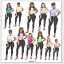 Fly Girl Lady in Jeans und Teeschirts Sticker Set
