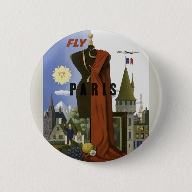 Fly Paris France Vintage Travel Poster Button (Vorderseite)