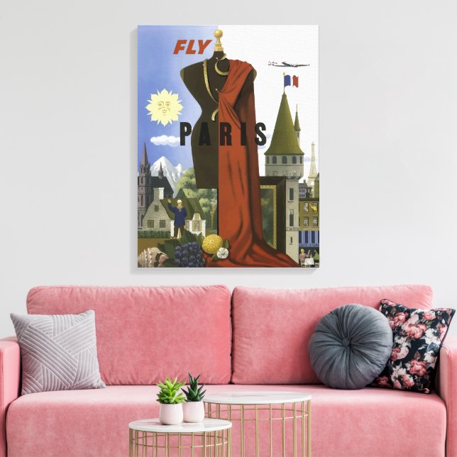 Fly Paris France Vintage Travel Poster Leinwanddruck (Insitu (Wohnzimmer))