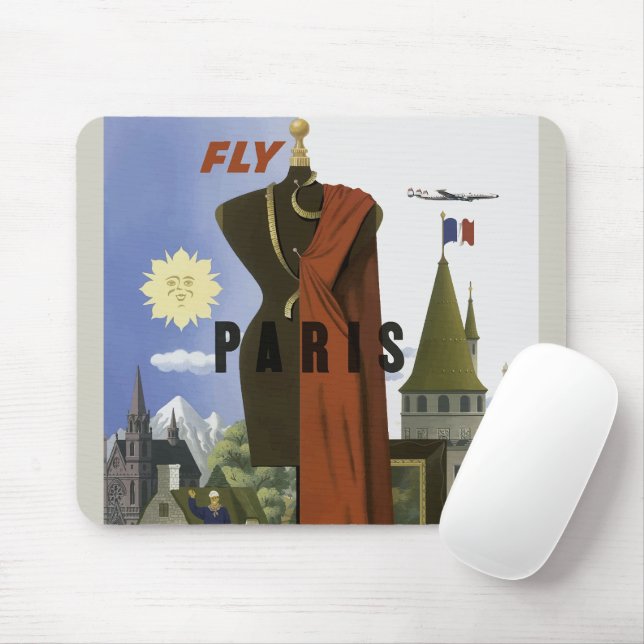 Fly Paris France Vintage Travel Poster Mousepad (Mit Mouse)