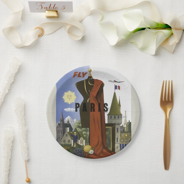 Fly Paris France Vintage Travel Poster Pappteller (Hochzeit)