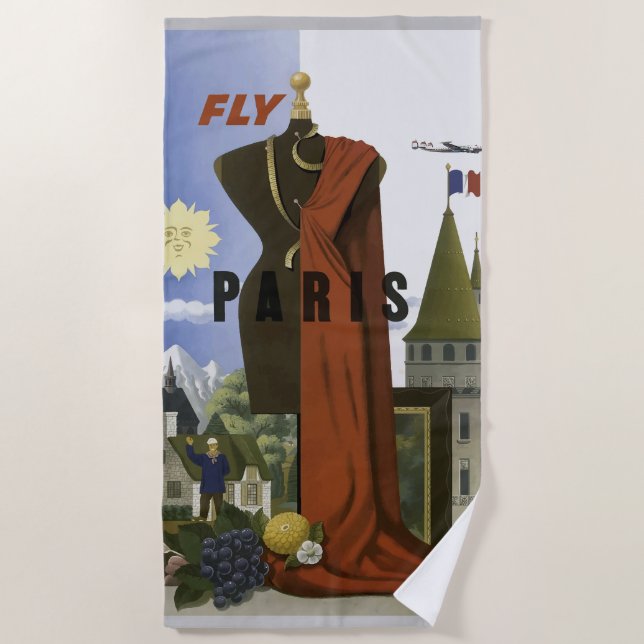 Fly Paris France Vintage Travel Poster Strandtuch (Vorderseite)