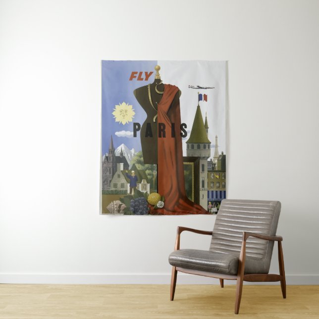 Fly Paris France Vintage Travel Poster Wandteppich (Beispiel)