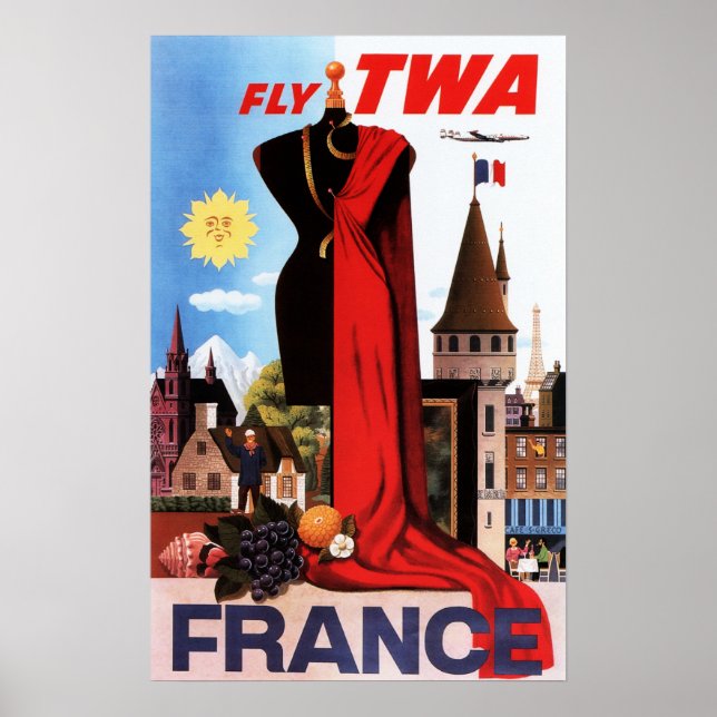 Fly to FRANCE Europe Fashion Hauptstadt Old Airlin Poster (Vorne)