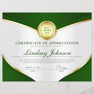 Flyer de certificat d'appréciation vert et or