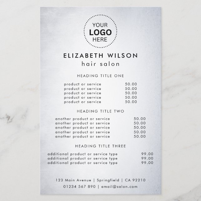 Flyer des einfachen Salon Service Menüs (Vorne)