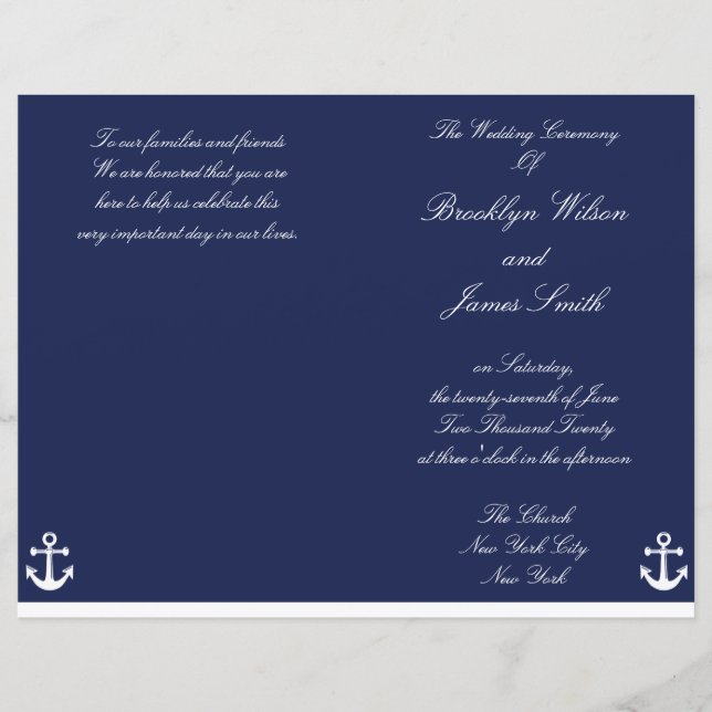 Flyer des Navy Blue Nautical Wedding Program (Vorderseite)