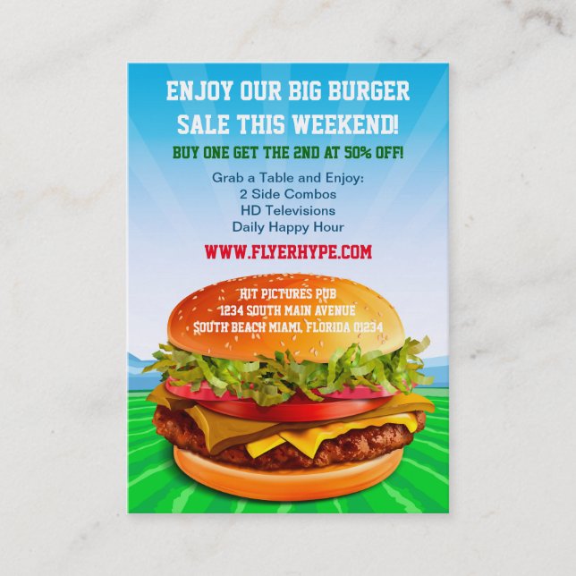 Flyer Hype Burger Cafe Restaurant Eatery Food Visitenkarte (Vorderseite)