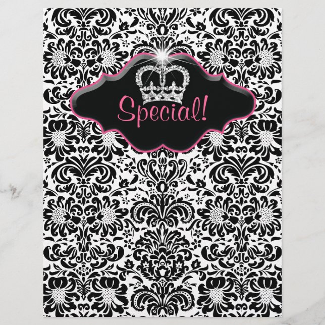 Flyer Salon Floral Damask Schwarz-weiß Rosa Krone (Vorne)
