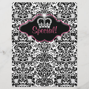 Flyer Salon Floral Damast Schwarz Weiß Rosa Krone