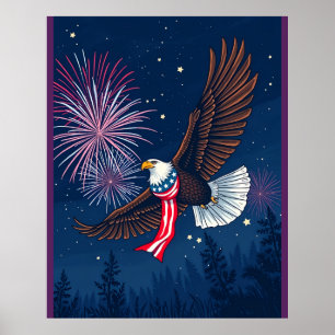 Flying Bald Eagle mit USA Flag Scarf & Fireworks Poster