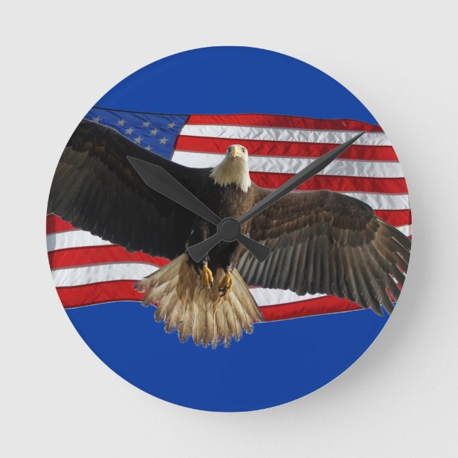 Flying Bald Eagle USA Patriotic Gift Runde Wanduhr (Vorderseite)