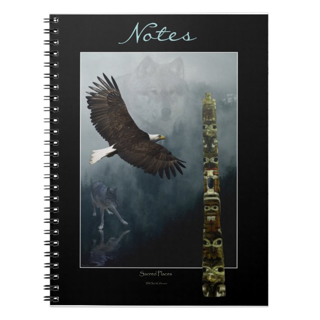 Flying Bald Eagle, Wolves & Totem Pole Notebook Notizblock (Vorderseite)