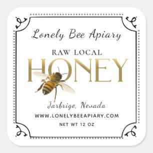 Flying Bee Metallic Gold Honey Label extravagante  Quadratischer Aufkleber