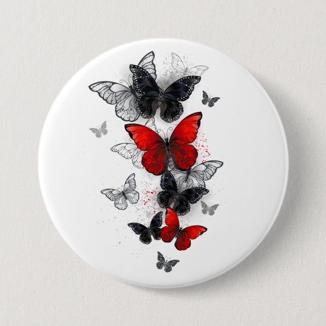 Flying Black and Red Morpho Butterfliegen Button (Vorderseite)