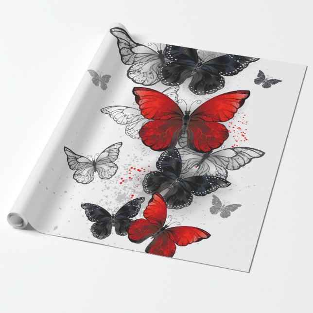 Flying Black and Red Morpho Butterfliegen Geschenkpapier (Ungerollt)