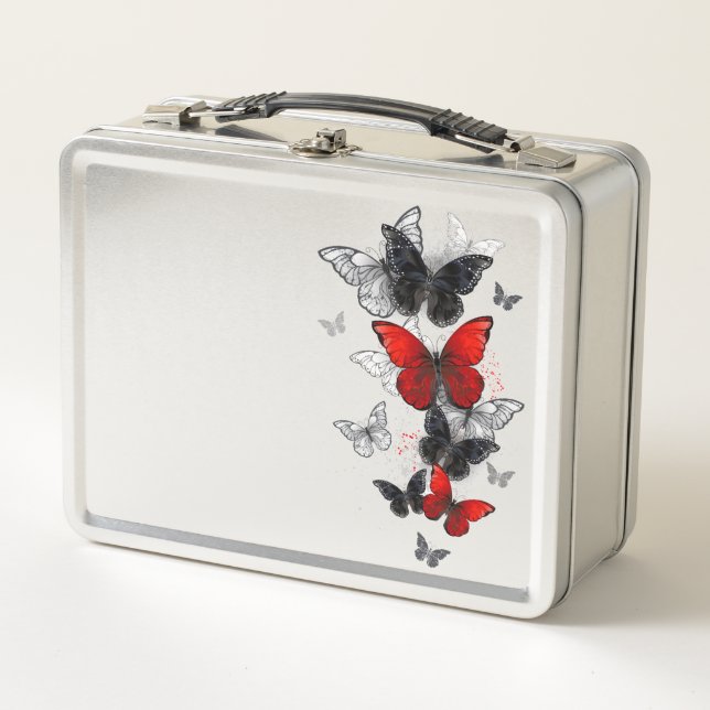 Flying Black and Red Morpho Butterfliegen Metall Brotdose (Vorderseite)