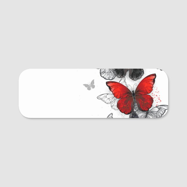 Flying Black and Red Morpho Butterfliegen Namensschild (Vorderseite)