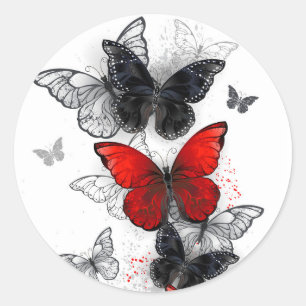 Flying Black and Red Morpho Butterfliegen Runder Aufkleber