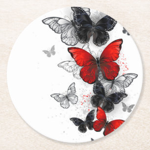 Flying Black and Red Morpho Butterfliegen Runder Pappuntersetzer