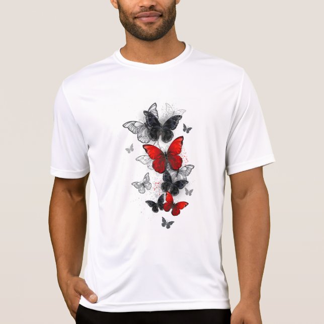 Flying Black and Red Morpho Butterfliegen T-Shirt (Vorderseite)