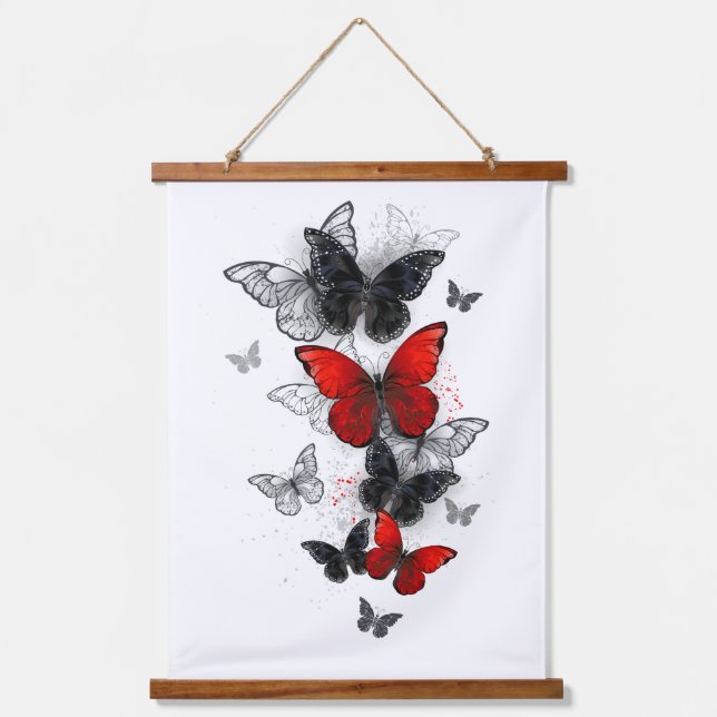 Flying Black and Red Morpho Butterfliegen Wandteppich Mit Holzrahmen (Vorderseite)